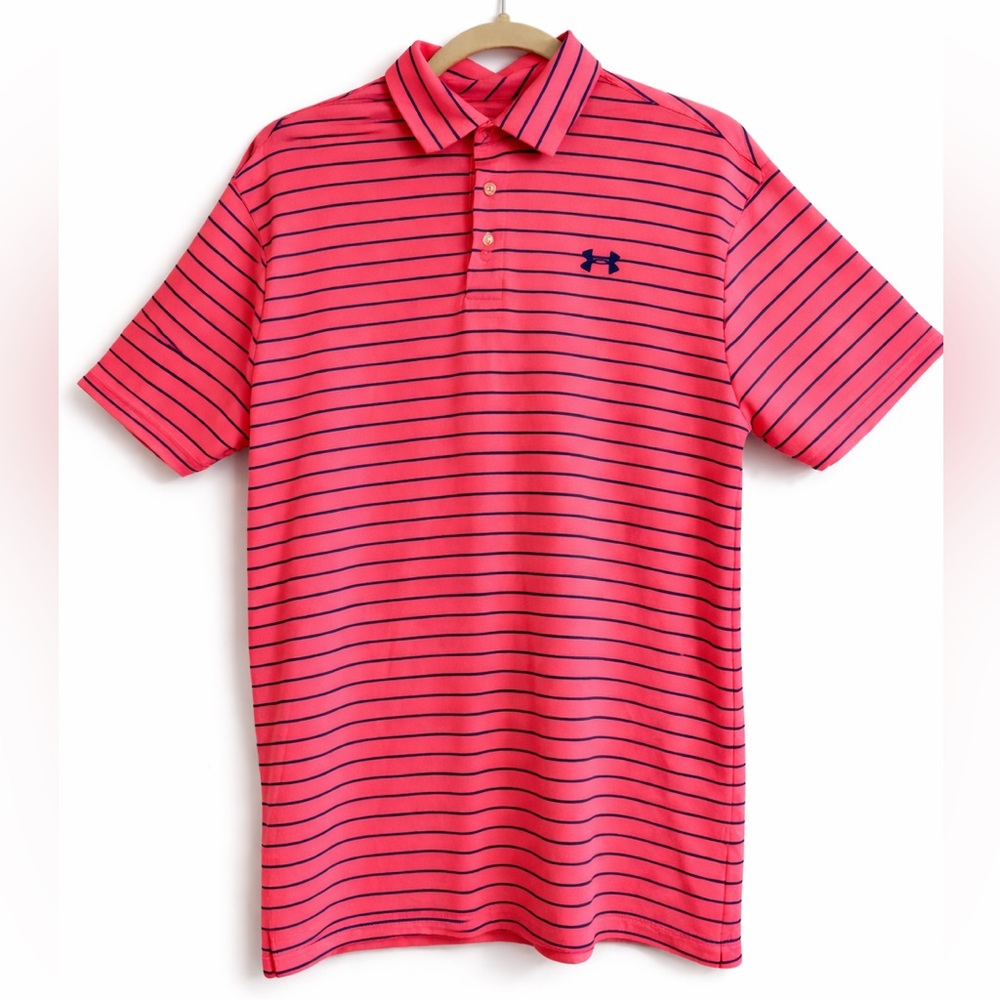 Under Armour Playoff Polo in bright coral pink with navy stripe detail